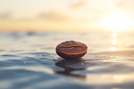 A coffee bean floating serenely over a calm ocean at sunrise, with gentle waves lapping below. The scene is peaceful and serene, with the bean reflecting the soft, golden light of the rising sun, creating a tranquil, meditative atmosphere.の素材