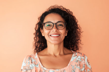 Middle-aged Brazilian woman with glasses, smiling warmly, showing a welcoming and cheerful personality, standing against a soft peach background.の素材