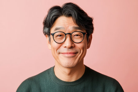 Middle-aged Japanese man with glasses, smiling warmly, radiating calm and friendliness, set against a light pink background, showing a balanced and open personality.の素材