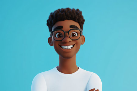 3D cartoon character of a young African American man with glasses, smiling brightly, standing confidently against a soft pastel blue background, expressing happiness and openness. Friendly and inviting expression.の素材