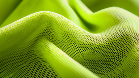 A close-up of bright neon green sports fabric with a breathable, mesh-like texture. The material has slight folds, showing its flexibility and elasticity. Lighting enhances the reflective quality of the synthetic fibers.の素材