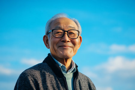 Senior Japanese man with glasses, smiling kindly, showing his wisdom and friendly demeanor, standing against a calm sky-blue background, evoking feelings of serenity.の素材