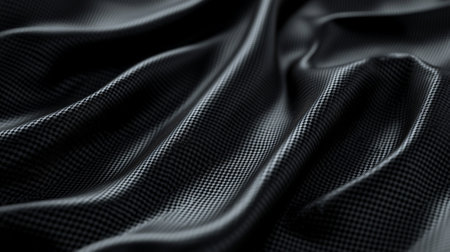 A close-up of glossy, black sports fabric with a grid texture designed for high-performance workouts. The fabric has minimal folds, with light subtly reflecting off the smooth, sleek surface.の素材