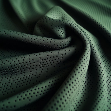 A rich forest green sports fabric with a soft texture and fine perforations, designed for comfortable wear during long training sessions.の素材