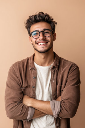 Young Hispanic man with glasses, smiling confidently with a lively expression, standing against a light beige background.の素材