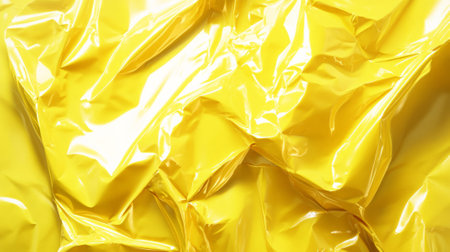 A bright yellow plastic poster with chaotic creases and sharp wrinkles. The glossy material reflects light in dynamic highlights and shadows, giving a high-energy, textured feel.の素材