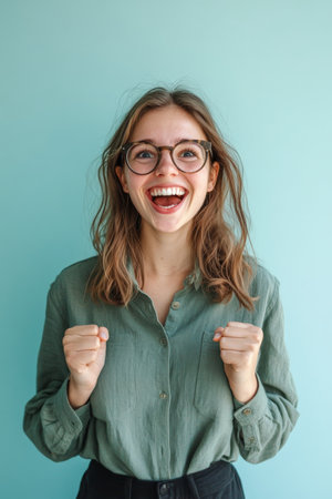 Young Caucasian woman with glasses, smiling with energy and enthusiasm, standing against a pale blue background, showing excitement.の素材