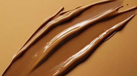 A creamy liquid foundation texture in a rich, deep sable shade. The surface features smooth, flowing lines and glossy highlights, offering a luxurious, high-end appearance.の素材