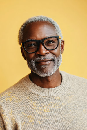 Senior Black man with glasses, gentle and welcoming smile, standing against a soft pastel yellow background, exuding warmth and calmness.の素材