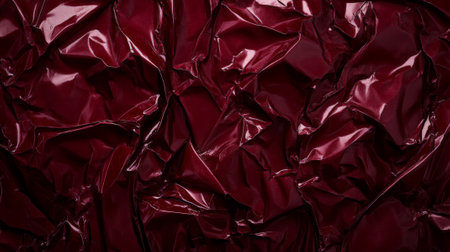 A deep maroon crumpled plastic poster with jagged creases and soft folds. The shiny surface has a glossy finish that catches light, adding texture and depth to the rich hue.の素材