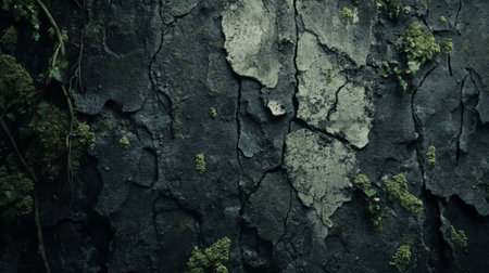 A dark, cracked concrete wall with patches of moss and dirt. The surface is rough and worn, with visible damage from the elements, creating an aged and abandoned aesthetic.の素材