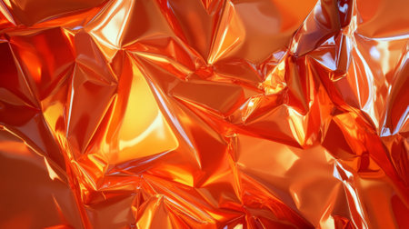 A glossy orange plastic poster with irregular creases and sharp folds. The bright, reflective surface creates an abstract, bold texture with intense highlights.の素材
