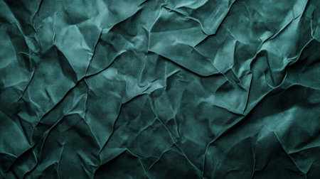 A dark green plastic poster with jagged creases and smooth folds. The glossy surface reflects light in sharp contrasts, creating a rugged, textured background.の素材