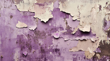 A distressed, torn poster with layers of purple paper exposed beneath peeling and ripped sections. The texture shows rough edges, faded colors, and smudges of dirt for a raw, urban look.の素材