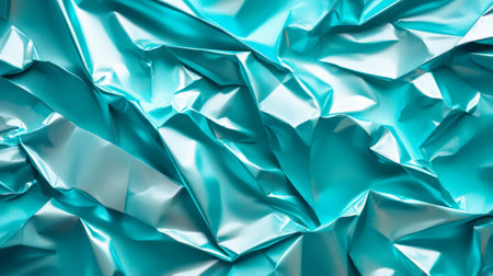 A glossy turquoise paper poster, crumpled with deep folds that catch the light. The texture is slick and reflective, with a modern, minimalist background of smooth white stone, giving a clean and fresh feel.の素材