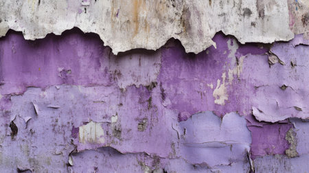 A distressed, torn poster with layers of purple paper exposed beneath peeling and ripped sections. The texture shows rough edges, faded colors, and smudges of dirt for a raw, urban look.の素材