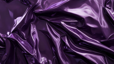 A deep plum plastic poster crumpled with sharp creases and smooth folds. The glossy surface catches light in intense highlights, giving a rich, textured effect.の素材