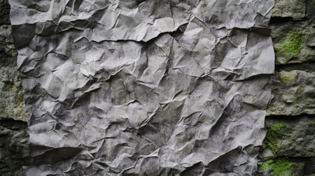A gray, wrinkled paper poster with water stains and subtle rips along the edges. The creases are sharp and intersect in various directions. The background is a rough brick wall with moss growing between the cracks.の素材