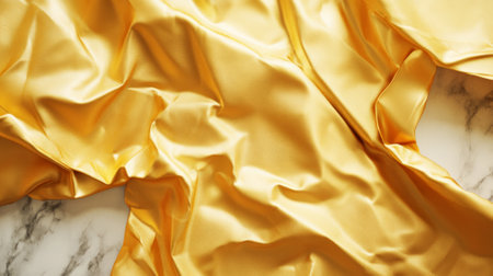 A golden yellow, crumpled poster with deep folds and creases creating an abstract texture. The poster sits against a marble background, with shadows highlighting the wrinkles, giving a luxurious and artistic feel.の素材