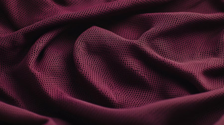 A deep burgundy sports fabric with visible mesh panels for ventilation, slightly wrinkled to show its lightweight and breathable texture. Soft light highlights the subtle sheen of the synthetic fibers.の素材