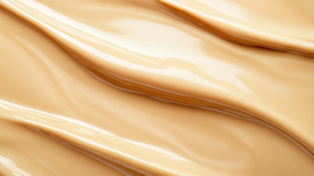 A liquid foundation texture with a soft, creamy consistency in a natural tan shade. The background shows gentle, flowing lines and gradients, with a glossy, slightly reflective surface.の素材
