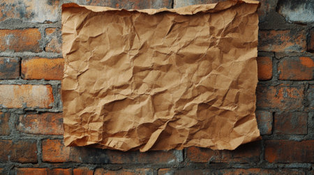 A heavily creased brown kraft paper poster, taped to a brick wall. The texture is rough and rustic, with deep, jagged folds running across the surface. The background is slightly out of focus to emphasize the poster's texture.の素材