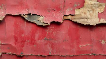 A grunge torn paper poster surface with layers of faded red paper, exposing rough edges and ripped sections. The background shows old adhesive marks and dirt, adding to the distressed, urban texture.の素材