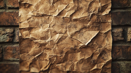 A heavily creased brown kraft paper poster, taped to a brick wall. The texture is rough and rustic, with deep, jagged folds running across the surface. The background is slightly out of focus to emphasize the poster's texture.の素材