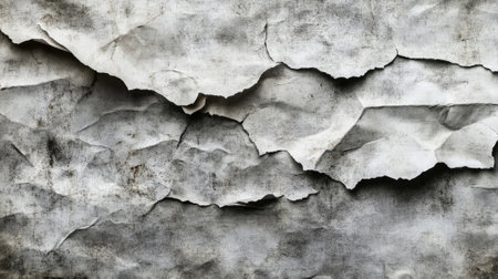 A grungy, weathered paper poster with torn sections revealing light gray paper. The texture includes rough, jagged edges, visible smudges, and creases for a raw, urban atmosphere.の素材