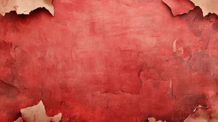 A grunge torn paper poster surface with layers of faded red paper, exposing rough edges and ripped sections. The background shows old adhesive marks and dirt, adding to the distressed, urban texture.の素材