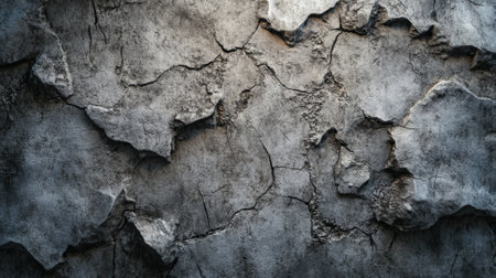 A heavily textured concrete wall with deep cracks and irregular bumps. The surface is rough, with a mix of light and dark gray tones. The lighting enhances the depth of the cracks, giving a worn, aged look.の素材