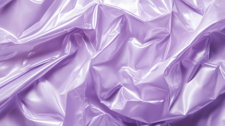 A pale lavender plastic poster crumpled with soft wrinkles and subtle folds. The glossy surface has a smooth sheen, giving a gentle, abstract texture.の素材