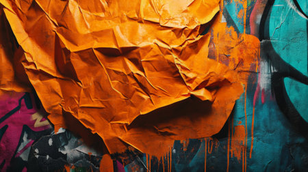 A heavily crumpled orange poster with deep wrinkles, sitting against a graffiti-covered wall. The textured surface of the poster is emphasized by harsh lighting, casting strong shadows in the folds.の素材
