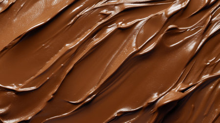 A liquid foundation in a rich, deep umber shade with a smooth, creamy texture. The surface showcases flowing, glossy swirls and gradients, creating an elegant, sophisticated effect.の素材