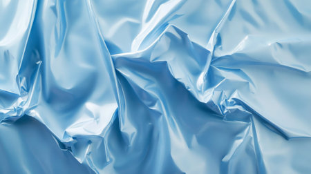 A pale blue plastic poster crumpled with subtle creases and smooth folds. The glossy surface gently reflects light, creating a soft, minimalist texture.の素材