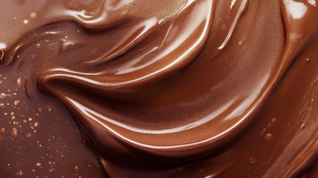 A liquid foundation in a deep, rich mocha color with a creamy texture. The background shows flowing, glossy swirls and gradients, creating an elegant, luxurious effect.の素材