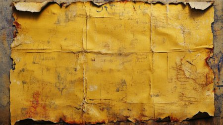 A ripped, old poster with multiple layers of yellow paper showing through the tears. The surface is textured with wrinkles, peeling corners, and smudges, creating a gritty urban vibe.の素材