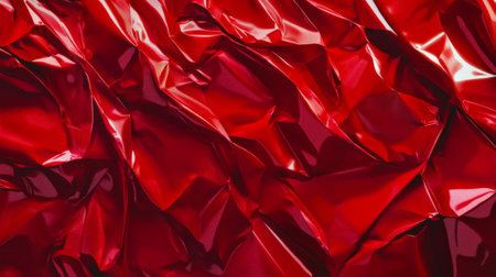 A vibrant red crumpled plastic poster with deep creases and folds, creating harsh reflections and shadows. The glossy surface highlights the texture, giving an edgy, distressed appearance.の素材