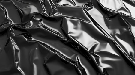 A shiny black plastic poster with deep wrinkles and creases. The reflective surface catches the light in sharp contrasts, creating an intense, distorted texture.の素材