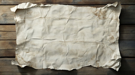 A torn and crumpled white poster with visible brown stains, crinkled edges, and deep folds. The texture suggests it has been weathered. The background is a wooden plank surface, with natural light casting subtle shadows.の素材