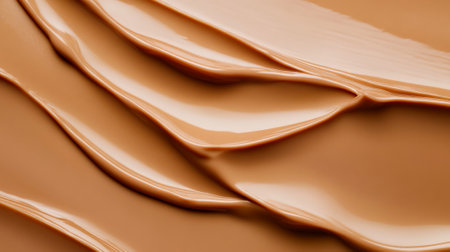 A smooth, creamy liquid foundation texture in a light caramel color. The background displays soft, flowing lines and a subtle gloss, highlighting the makeup-like appearance of the cream.の素材