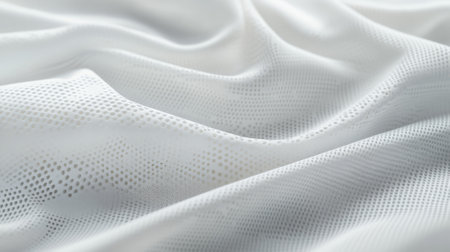 A smooth, white sports fabric with light perforations for breathability, slightly folded at the edges. The texture is lightweight and airy, with soft highlights and shadows revealing its flexible design.の素材