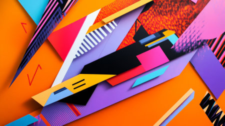 A bold flat geometric design with sharp, angular lines and triangles in vibrant neon hues, arranged in a dynamic, high-energy composition that suggests movement and excitement.の素材