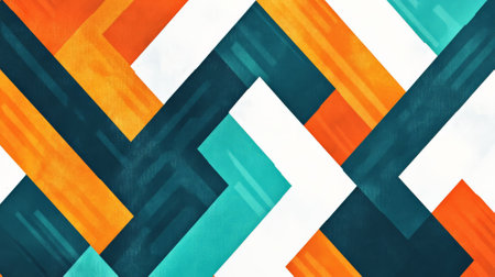 A bold geometric background with zigzag patterns in shades of teal, orange, and white, forming sharp, angular shapes that create a dynamic, high-energy look.の素材