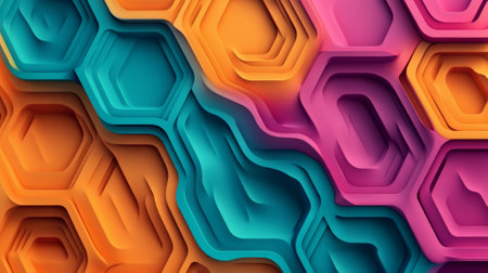 A dynamic abstract surface featuring colorful hexagons in orange, teal, and magenta, combined with smooth wavy lines for a striking, vibrant design.の素材