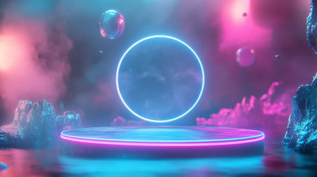 A floating, circular product stand with a holographic surface, glowing with soft pink and blue lights. The metaverse background features abstract digital landscapes and floating particles.の素材
