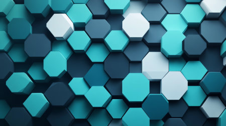 A flat geometric design with hexagons and triangles in shades of teal, navy, and light gray, arranged to create a sleek, modern aesthetic.の素材