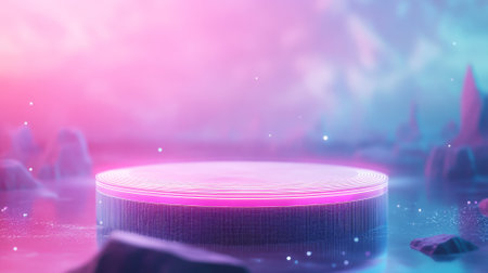 A floating, circular product stand with a holographic surface, glowing with soft pink and blue lights. The metaverse background features abstract digital landscapes and floating particles.の素材