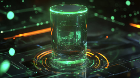 A futuristic product display with a sleek, transparent stand and glowing green highlights, floating in a digital environment with swirling holographic effects.の素材