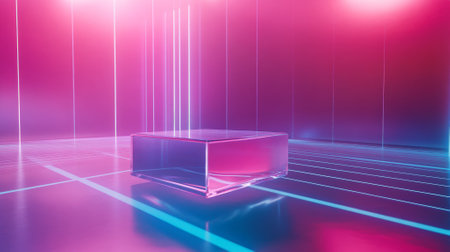 A futuristic product display in the metaverse featuring a sleek, transparent pedestal floating in a neon-lit digital landscape, with vibrant gridlines and holographic effects creating a high-tech, immersive environment.の素材